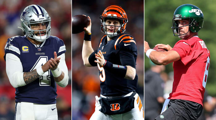 Separate photos of Dak Prescott, Joe Burrow and Aaron Rodgers